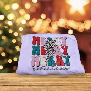 Merry Merry Merry Christmas Pink Holiday Christmas Sweatshirt Plus Size 2XL